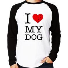 Camiseta Raglan I love My Dog Manga Longa - Foca na Moda, Branco, Pret