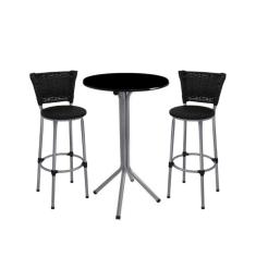 Jogo de 2 Banquetas Prata Junco Preto Assento Preto com Bistro Cinza e Preto