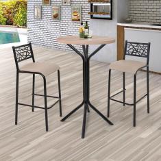 Conjunto Bistrô Dani 2 Banquetas e Mesa Tampo BP Redondo Ciplafe Preto fosco/ Linho Bege