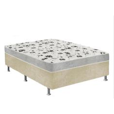 Cama Box Casal Suede Bege + Colchão Casal Suede Cinza Orto Molas Bonnel 138x188x55