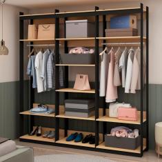 Guarda Roupas Closet Wood Organização Elegante com Módulo Cabideiro e Prateleira Preto