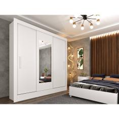 Guarda Roupa Casal 3 Porta de Correr com Espelho e 4 Gavetas Valencia Tcil – Branco