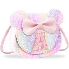 Bolsa infantil para presente de aniversário, linda bolsa de ombro tiracolo com inicial de rato pequeno e personalizável, Grande-glitter-pinkletter, A, A