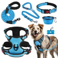 LOBEVE Conjunto de arnês, coleira e coleira para cães sem puxar | Inclui cinto de segurança para cães, tigelas dobráveis e dispensador de saco de cocô. Ideal para treinamento, caminhada, caminhada.