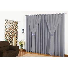 Cortina Varão Voil Cinza 6,00x2,50 Forro Microfibra Fivelas