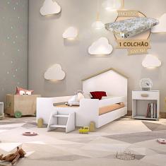 Cama Infantil Montessoriana Com Colchão E Escadinha Juvenil Ayla - Branca E Natural - Cor: Branco