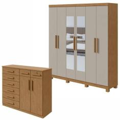 Conjunto de Guarda-Roupa 6 Portas com Espelho e Pés Jazz e Cômoda Toronto Amêndoa Clean/Off White