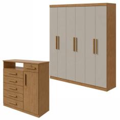 Conjunto de Guarda-Roupa 6 Portas Jazz e Cômoda Da Vinci Amêndoa Clean/Off White