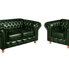 Conjunto Sofá 2 Lugares e Poltrona Luis XV Chesterfield Vintage Verde