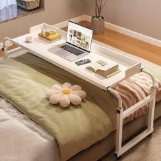 Mesa sobreposta de 115-210 cm com 4 rodas, mesa de cama de estação de trabalho em pé com ajuste de altura 65-95 cm Mesa de computador Mesa de bandeja de comida Mesa médica rolante para casa