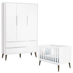 Berço Americano E Guarda Roupa 3 Portas Infantil Theo Branco Acetinado Com Pés Amadeirado - Reller