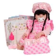 Boneca Bebe Reborn Menina Cabelo Preto Conjunto Xadrez Rosa - Cegonha 