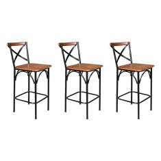 Kit 3 Banquetas Alta Industrial Paris Base Alumínio Com Encosto - Castanho - Marrom