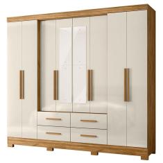 Guarda Roupa Casal San Lorenzo 8 Portas 4 Gavetas MDP com Espelho Freijó Off White Moval Móveis