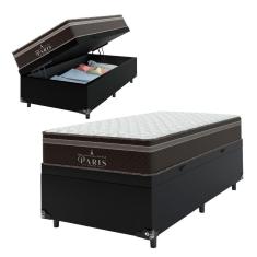 Cama Box Baú Solteiro + Colchão Paris Molas Ensacadas - 66x88x188cm - Couro Preto