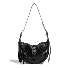 Bolsa de ombro fofa para mulheres Y2K grunge fada bolsa transversal rebites jeans cibernético bolsa de motocicleta bolsa estética vintage, Preto