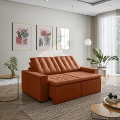 Sofá Cama Retrátil e Reclinável 3 Lugares 200cm em Veludo com Molas e Braço Reto Palmeira Cabecasa M Terracota