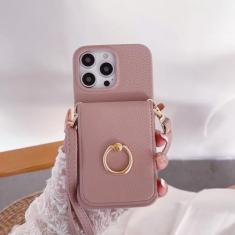 Capa de telefone com suporte de anel para iPhone 15 14 Plus 13 12 11 Pro Bolsa de bolso máxima porta cartão de crédito capa de couro com cordão crossbody, rosa, para iPhone 14 Plus