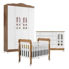 Quarto de Bebê New Selena 4 Portas com Berço Lila e Cômoda Gran Selena Branco Acetinado Amadeirado – Carolina Móveis