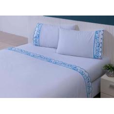 Jogo Lençol 4Peças Cama Viúva Percal Bordado Branco Com ul - Thais Enx