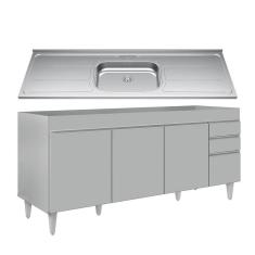 Balcão De Cozinha Com Pia Inox 180cm 4 Portas Dallas Cinza Claro - Lumil