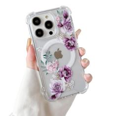 DEFBSC Capa magnética para iPhone 16 Pro Work with Magsafe, design de estampa floral transparente com estampa de acrílico flexível à prova de choque para mulheres e meninas, capa protetora de flores,