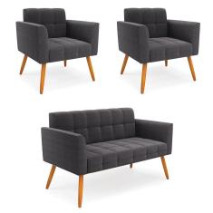 Namoradeira E 2 Poltronas Pé Palito Castanho Elisa Bouclê Grafite D03 - D'rossi