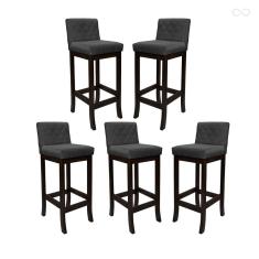 Kit 5 Banquetas Alta para Ilha de Cozinha Tóquio Madeira Maciça Matelassê Suede Cinza CCS