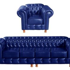 Conjunto De Sofá 4 Lugares E 1 Poltrona Chesterfield Luís XV Azul