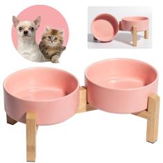 Conjunto de tigelas de cerâmica elevada para cães – Tigelas elevadas com suporte de bambu antiderrapante – Pratos pequenos para animais de estimação para comida e água – Ideal para gatos e filhotes