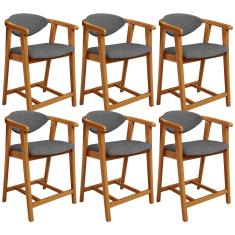 Kit 06 Banquetas Baixa Cozinha Sala de Jantar Bancada Cecília L02 Linho Cinza Escuro - Lyam Decor