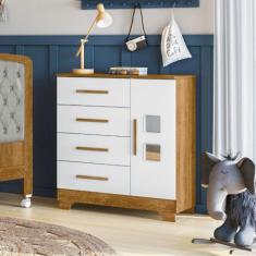 Cômoda 1 Porta 4 Gavetas Fly Tigus Baby, Branco/Amadeirado