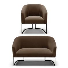 Sofá Namoradeira E Poltrona Base Industrial Preto Stella Suede D03 - D