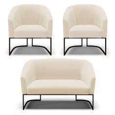 Sofá Namoradeira E 2 Poltronas Base Industrial Preto Stella Linho D03 - D'rossi Cor A19 Bege