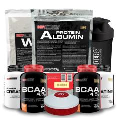 Kit Whey 500g + Albumin 500g + 2x BCAA 100g + 2x Creatina 100g + Coq + Porta Cáps - Bodybuilders-Unissex