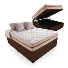 Cama Box Baú Casal Tecido Sintético Marrom com Colchão Pillow Angel Mo