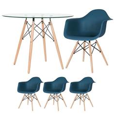 Loft7, Mesa redonda Eames com tampo de vidro 100 cm + 3 cadeiras Eiffel Daw azul petróleo