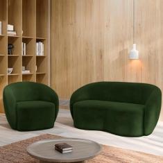 Conjunto 1 Sofá Living 180cm e 1 Poltrona Decorativa Sala de Estar Íbis Encosto Fixo Veludo Verde G33 - Gran Belo