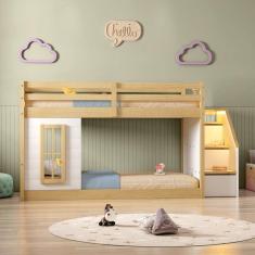 Beliche Infantil Montessoriana Garden com Escada Lateral Kit Travessas Proteção,janela Casatema Branco/Natural