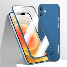 Capa de telefone com capa completa 360 para iPhone 12 11 Pro Max 12 Mini X XR XS Max Frente de vidro temperado traseira capa dura à prova de choque fosca, azul, para iPhone XR