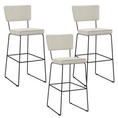 Kit 03 Banquetas Alta Base Aço Fixa Linho Champagne