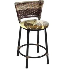 Banqueta Baixa Preta Junco Capuccino com Assento Floral Marrom Fortmix