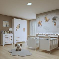 Quarto de Bebê Completo Gêmeos com Guarda-roupa, 2 Berços e Cômoda Gael Branco