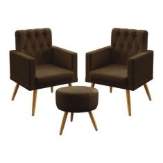 Kit 2 Poltronas Decorativas Estofada Nina e Puff Solar Com Rodapé E Bo