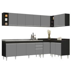 Armário de Cozinha Modulado de Canto 7 Peças CP36 com Pia Inox Preto/Cinza - Lumil