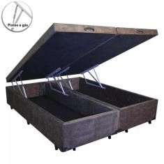 Cama Box Baú Queen Bipartido Blindado Suede Marrom Com Pistão A Gás - 