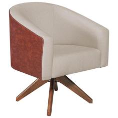 Poltrona Luiza Base Giratória de Madeira Sintético Nozes e Linho Bege 