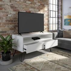 Rack para TV Bancada Com Nicho e Gaveta Pés Hairpin Legs Estilo Industrial Off White Laca