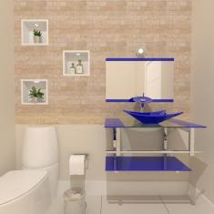 Gabinete de Vidro 80cm Inox com Cuba Retangular Azul Escuro