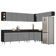 Armário De Cozinha Modulado De Canto 8 Peças Cp26 Balcão Com Tampo Preto-cinza - Lumil